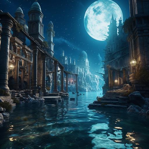 a magical cityscape of ruined, sunken into the sea, city with Atlantian themed architecture. at night with the moon and stars in the sky. Photorealstic, imaged in unreal engine. high definition