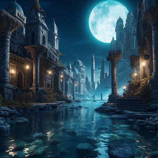 a magical cityscape of ruined, sunken into the sea, city with Atlantian themed architecture. at night with the moon and stars in the sky. Photorealstic, imaged in unreal engine. high definition