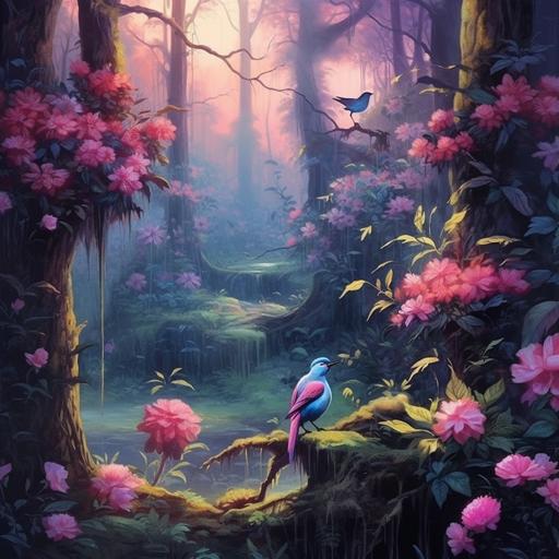 a magical forest, close view, contain a shade of light purple and pink flowers, with birds, realistic