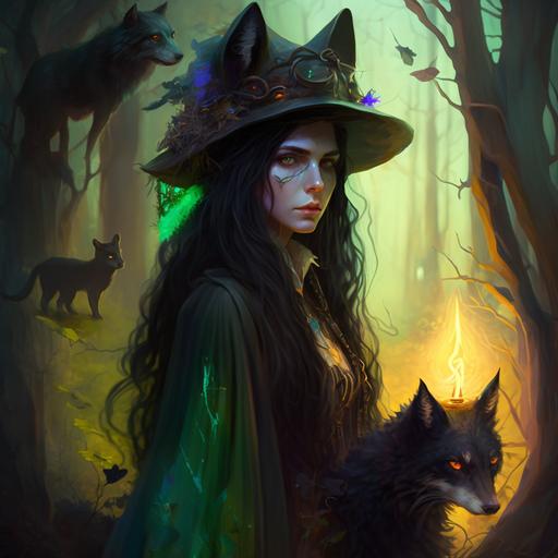 a magical forest witch with long black hair down to her waist with one green and one blue eye wearing a black witches hat that curls at the tip. In a fantasy wooded forest with sunset light cokong through and a black goat at her feet.