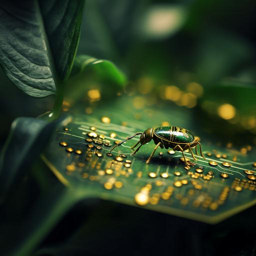 a magnified photographic view of tiny micro-bots painting a lush dark green jungle tree leaf with gold paint in an an abstract design, gold leaf, creative, shiny golds and dark greens and dark versus light contrasting color schemes, photorealistic, sharp crisp focus, professional color grading, imaged using Sony A7R V 16k