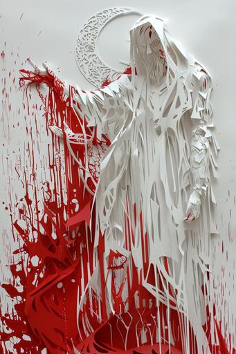 a magus made from paper cut art, red paint spilling on top of it --ar 2:3 --style raw --v 6.0