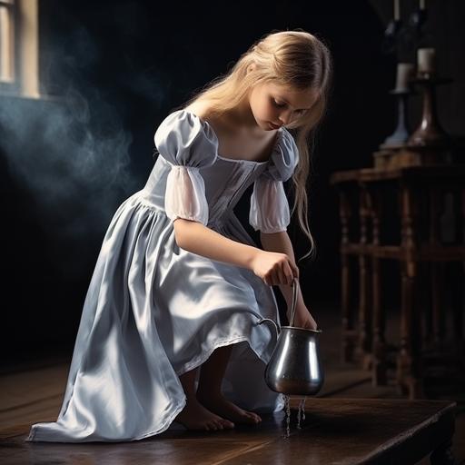 a maid pouring milk into the glass, maid dress, young girl, blonde hair, shiny shoes, gray backgroung, caldera