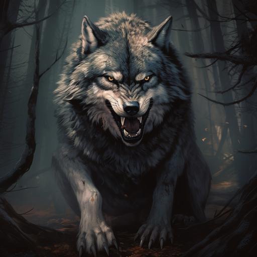 a majestic wolf sitting and staring at you. The wolf looks very scary with big teeth.