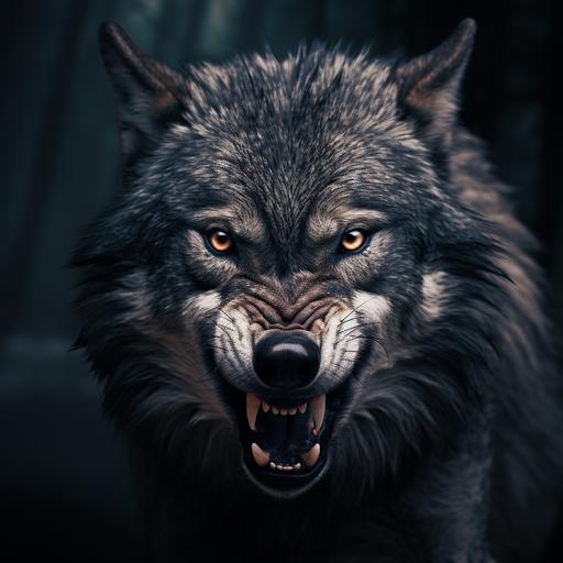 a majestic wolf staring at you. The wolf looks very scary with big teeth.