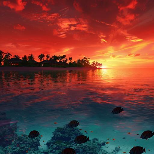 a maldives island at sunset, with red/orange sky. tropical fish in the sea. 1440 x 800 size