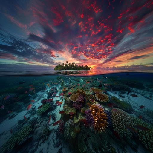 a maldives island at sunset, with red/orange sky. tropical fish in the sea. ar 16:9