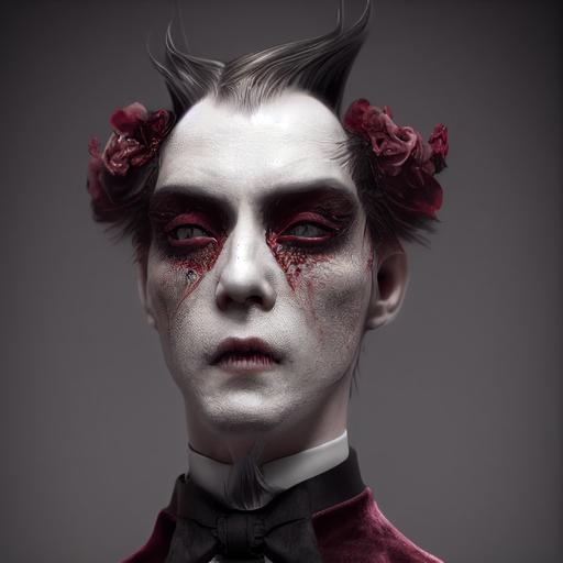a male Victorian porcelain vampire china doll, photorealistic, dark red crackle underglaze, Arnold render, octane render, 8k, HDR, product lighting, dark velvet back drape --testp