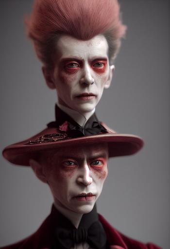 a male Victorian porcelain vampire china doll, photorealistic, dark red crackle glaze, Arnold render, octane render, 8k, HDR, product lighting, dark velvet back drape --testp --ar 2:3