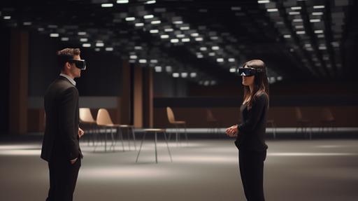 a male and female 30-year-old professional next to a host in a large empty convention room. They are both wearing AR glasses looking out towards the empty room. There are a few augmented reality 3d dining tables in the background --ar 16:9