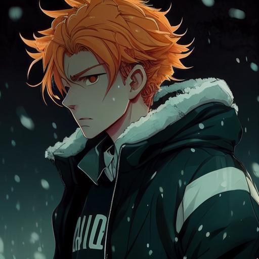 a male anime character with orange hair and brown eyes has snow powers with ice in his hand, background football stadium at night, side view of jawline eyes nose ears and black football shirt anime