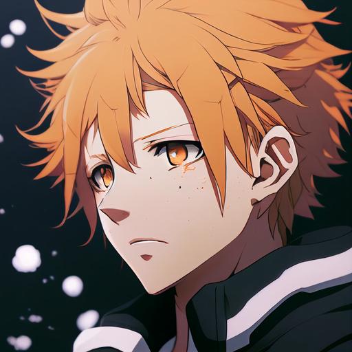 a male anime character with orange hair and brown eyes has snow powers with ice in his hand, background football stadium at night, side view of jawline eyes nose ears and wearing black football shirt anime
