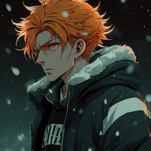 a male anime character with orange hair and brown eyes has snow powers with ice in his hand, background football stadium at night, side view of jawline eyes nose ears and black football shirt anime
