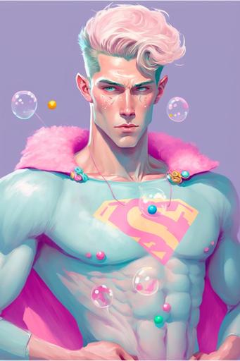 a male candy superhero. Pastel colors, very cute and fashionable costume painted by Magali villenueve and Lois van baarle and Ilya kuvshinov --ar 2:3 --v 4