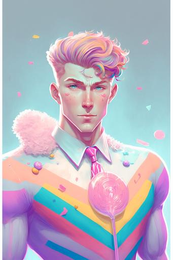 a male candy superhero. Pastel colors, very cute and fashionable costume painted by Magali villenueve and Lois van baarle and Ilya kuvshinov --ar 2:3 --v 4