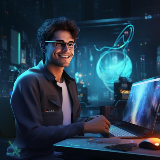 a male engineer coding, smiling, portrait, futuristic, AI utopia, dark and blue ambience