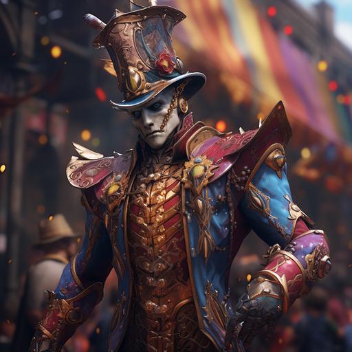 a male gearforged automaton dressed as a flamboyant carnival (carnie) barker and town crier. Epic fantasky 4k inspired by roleplaying game art in Dungeons & Dragons, Pathfinder, Kobold Press