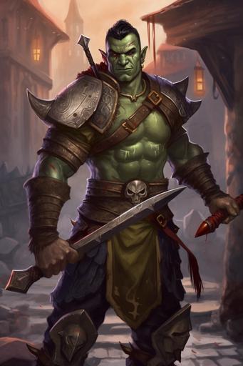 a male half orc pathfinder character, half human, green skin, pathfinder wrath of the rightous art style, full body, dynamic pose, young male, grining, male model, muscular, holding a longsword and sheild, short neat hair, blue eyes, bronze age settlement background --v 5 --q 2 --ar 2:3
