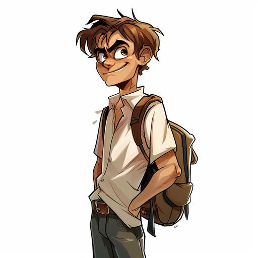 a male high school student who is mischeivous and is happy not to learn. Make somewhat cartoonish. The student dislikes school. It should be rather comical. no background. It should be like the student is scheming with a bit of a arrogant sneaky sinister smile.