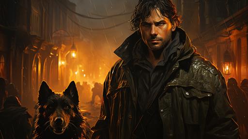 a male human inquisitive rogue multi-classing as a ranger, wearing a trench coat, he Has brown hair, dark circles around his eyes, and a five o’clock shadow, standing at his side is a large sable German shepherd dog, located in a rainy street, in the style of Dungeons n Dragons, --ar 16:9 --s 750