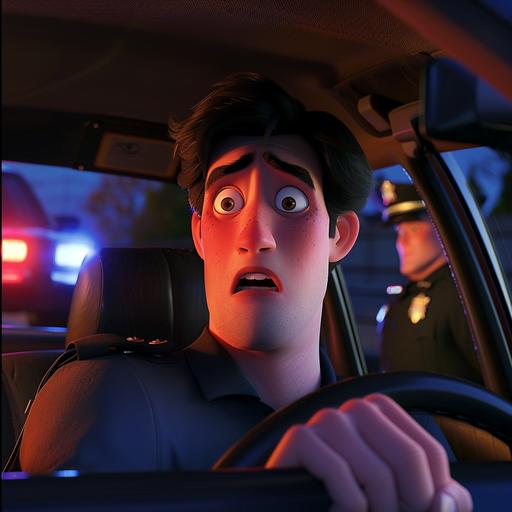 a male person driving car, slightly impaired look on his face, police officer behind the male's car with sirens on, pixar style