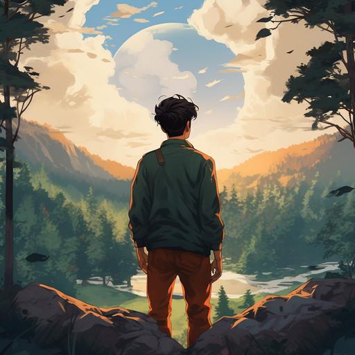 a male person from behind in the middle of nature looking ahead and feeling peaceful, anime colors