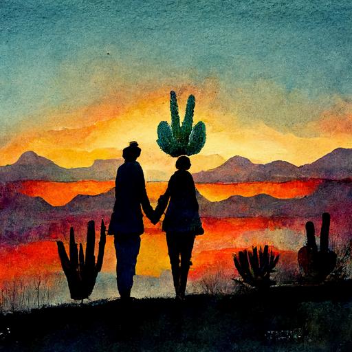 a man and a woman holding hands and watching the sunset, American southwestern landscape, cactus, stunning, romatic, loving, beautiful, water color