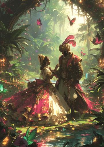 a man and a woman in a forest, in the style of dark pink and emerald, mike campau, baroque animals, indian pop culture, floralpunk, asymmetrical compositions, colorful costumes --ar 91:128 --s 750 --niji 6 --style raw