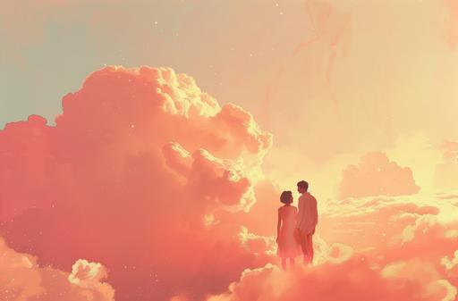 a man and woman are seen standing at the top of clouds, in the style of light pink and light amber, anamorphic lens flare, jon klassen, video collages, peter saville, soft-focus, dotted --ar 89:59 --v 6.0