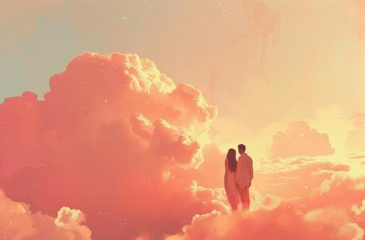 a man and woman with long hair are seen standing at the top of clouds, in the style of light pink and light amber, anamorphic lens flare, jon klassen, video collages, peter saville, soft-focus, dotted --v 6.0 --ar 89:59