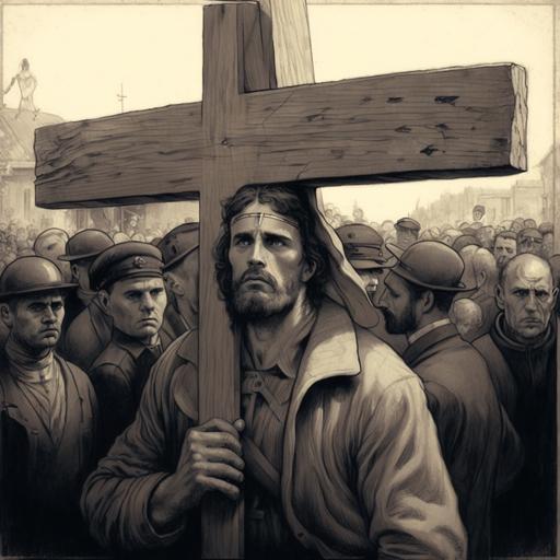 a man carrying on a heavy cross of wood, and people behind him carrying his own cross, following him.