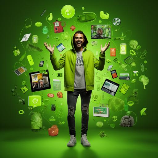a man covered in small and all different ecommerce and internet icons. his body is covered. we can only see his face. Smiling. eyes looking up details in lime neon green