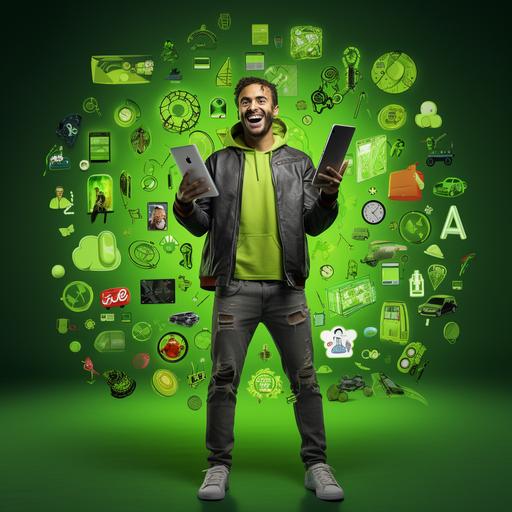 a man covered in small and all different ecommerce and internet icons. his body is covered. we can only see his face. Smiling. eyes looking up details in lime neon green