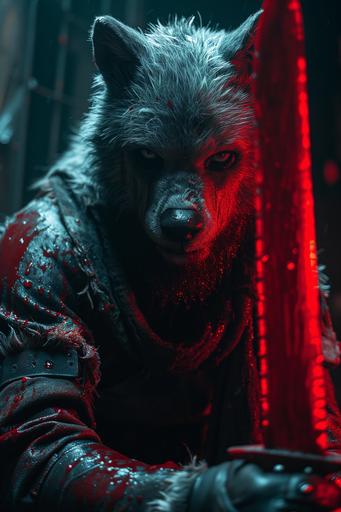 a man dressing a wolf cosplay, very fat and muscular, covered by red liquid. He has an sawblade on his hand, filled by red liquid. He is under a bridge, in an abandoned place. Night. In the style of horror movie, --ar 2:3 --style raw --stylize 750 --v 6.0