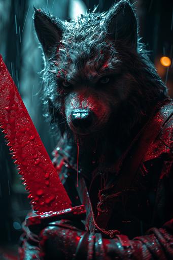 a man dressing a wolf cosplay, very fat and muscular, covered by red liquid. He has an sawblade on his hand, filled by red liquid. He is under a bridge, in an abandoned place. Night. In the style of horror movie, --ar 2:3 --style raw --stylize 750 --v 6.0