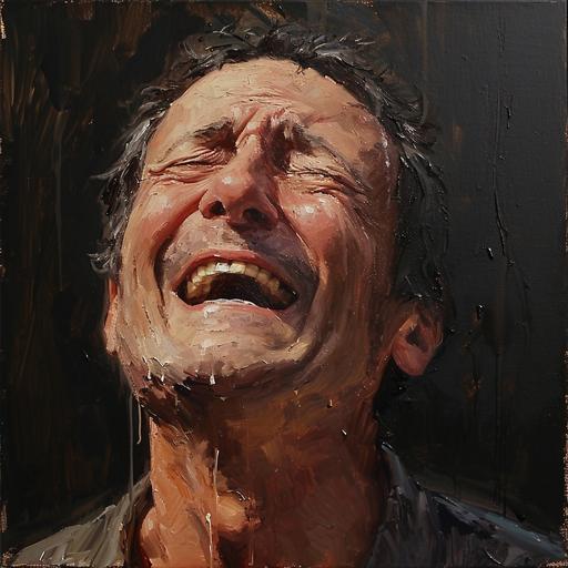 a man happy crying, smiling, tears rolling down their face, head shot, oil painting. --v 6.0