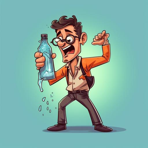 a man holding a leaking water bottle in color cartoon style