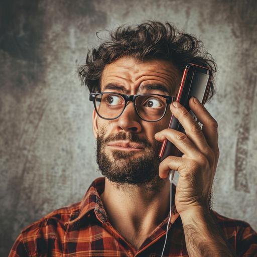 a man holding a smartphone at his ear making a facial expression of stupidity