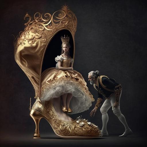 a man holds a golden heel in his hand, and a princess sits inside the heel