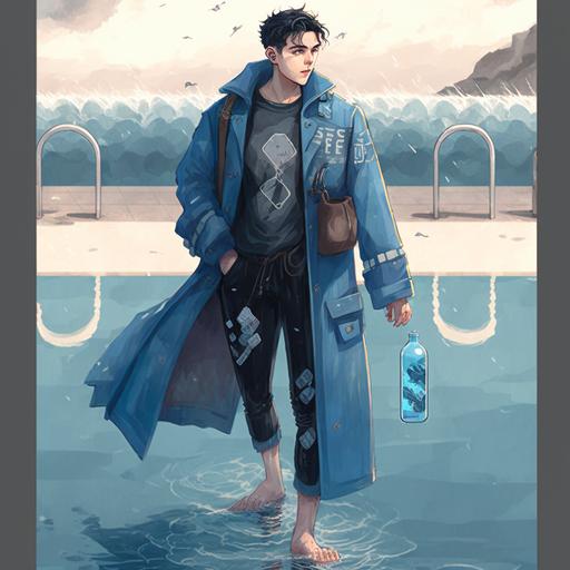 a man in a blue coat is walking by the water, a detailed painting, by Zhou Jichang, featured on pixiv, fashion clothes, in a swimming pool, fashion reference sheet cute casual streetwear, water bottles, aesthetic, attractive androgynous humanoid octaine renderer , 8k, cinematic, fine detail  --v 4