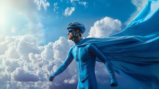 a man in a comfortable, horizontal pose wearing a blue spandex outfit with a blue cape. he's also wearing a blue bike helmet. background is a blue sky with clouds. silly. realistic. photorealistic. --ar 16:9