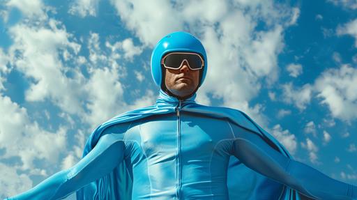 a man in a comfortable, horizontal pose wearing a blue spandex outfit with a blue cape. he's also wearing a blue bike helmet. background is a blue sky with clouds. silly. realistic. photorealistic. --ar 16:9