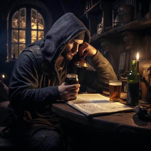 a man in a dark medieval room writting with a classic feather pen an essay , dressed in casual pants, hoodie and headphones, playing ps4 and drinking beer.