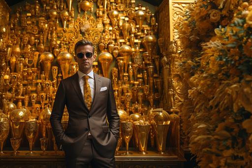 a man in a gold suit standing in front of a wall of gold wine bottles, venice biennale's golden lion, rich drapery, gold and luxury materials, heavy gold jewellery, golden treasures on the walls, wearing gold jewellery, in a gold suit, gold paint, elaborate gold jewelry, gold jewlery, raqib shaw, has gold, gold jewerly --s 250