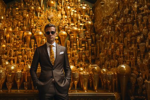 a man in a gold suit standing in front of a wall of gold wine bottles, venice biennale's golden lion, rich drapery, gold and luxury materials, heavy gold jewellery, golden treasures on the walls, wearing gold jewellery, in a gold suit, gold paint, elaborate gold jewelry, gold jewlery, raqib shaw, has gold, gold jewerly --s 250