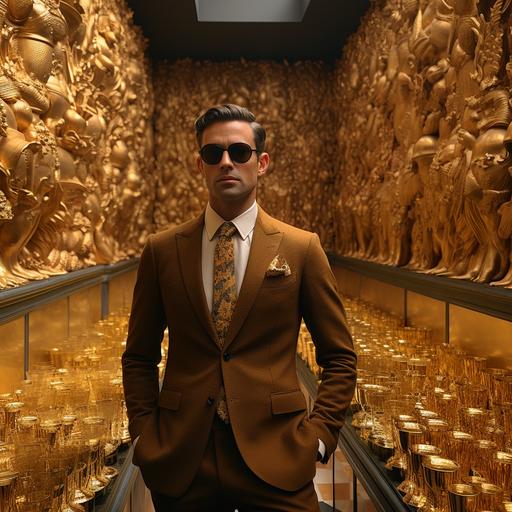 a man in a gold suit standing in front of a wall of gold champagne bottles, venice biennale's golden lion, rich drapery, gold and luxury materials, heavy gold jewellery, golden treasures on the walls, wearing gold jewellery, in a gold suit, gold paint, elaborate gold jewelry, gold jewlery, raqib shaw, has gold, gold jewerly --style raw --s 250
