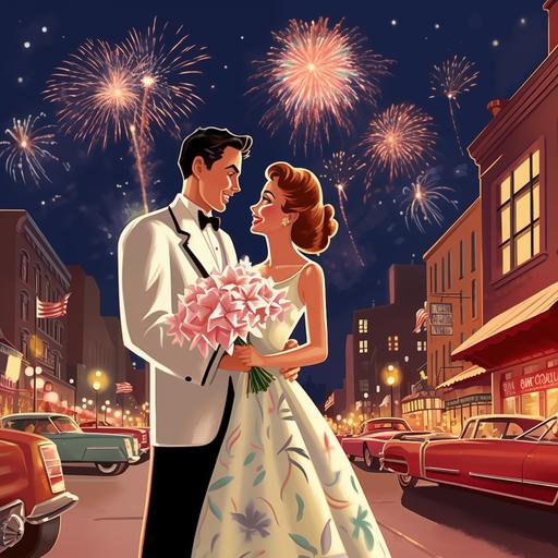 a man in a grooms outfit and woman in a wedding dress getting married, they are on main street with businesses in the background, fireworks in the night sky, 1960s cartoon style, wide shot, 16x9 format, widescreen