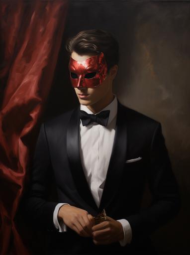 a man in a tuxedo holds a red masquerade mask, in the style of alex russell flint, simple and elegant style, magnus enckell, gold, tom wänerstrand, video, luxurious fabrics --ar 38:51