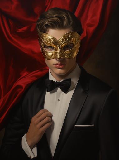 a man in a tuxedo holds a red masquerade mask, in the style of alex russell flint, simple and elegant style, magnus enckell, gold, tom wänerstrand, video, luxurious fabrics --ar 38:51