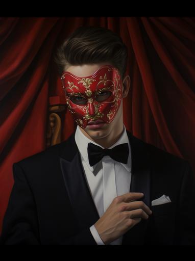 a man in a tuxedo holds a red masquerade mask, in the style of alex russell flint, simple and elegant style, magnus enckell, gold, tom wänerstrand, video, luxurious fabrics --ar 38:51